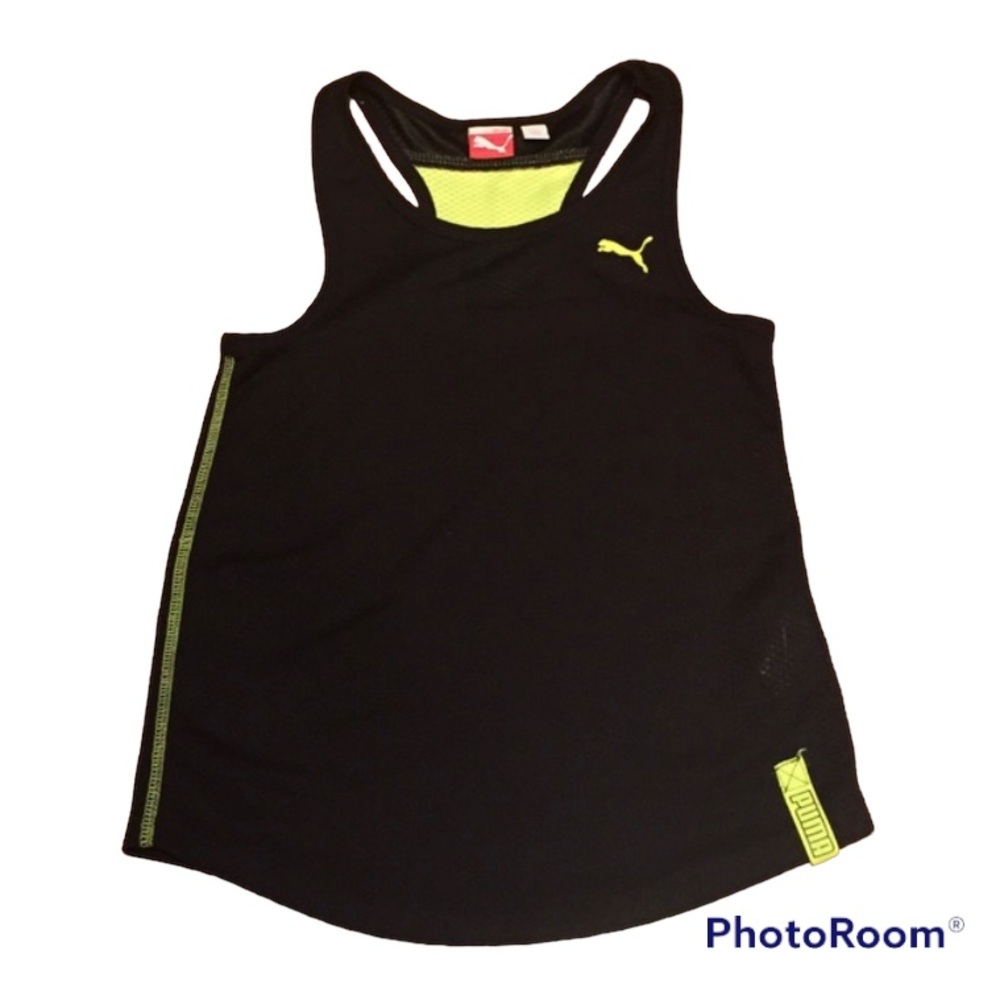 PUMA GIRLS TANK TOP SPORTY MESH RACER BACK BLACK NEON YELLOW ACTIVEWEAR MEDIUM